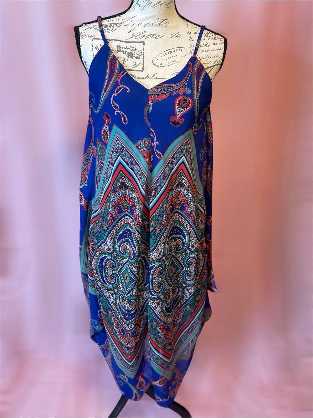 Boho Paisley Kimono Dress Size Small Blue Printed Sleeveless Midi Dress Bohemian